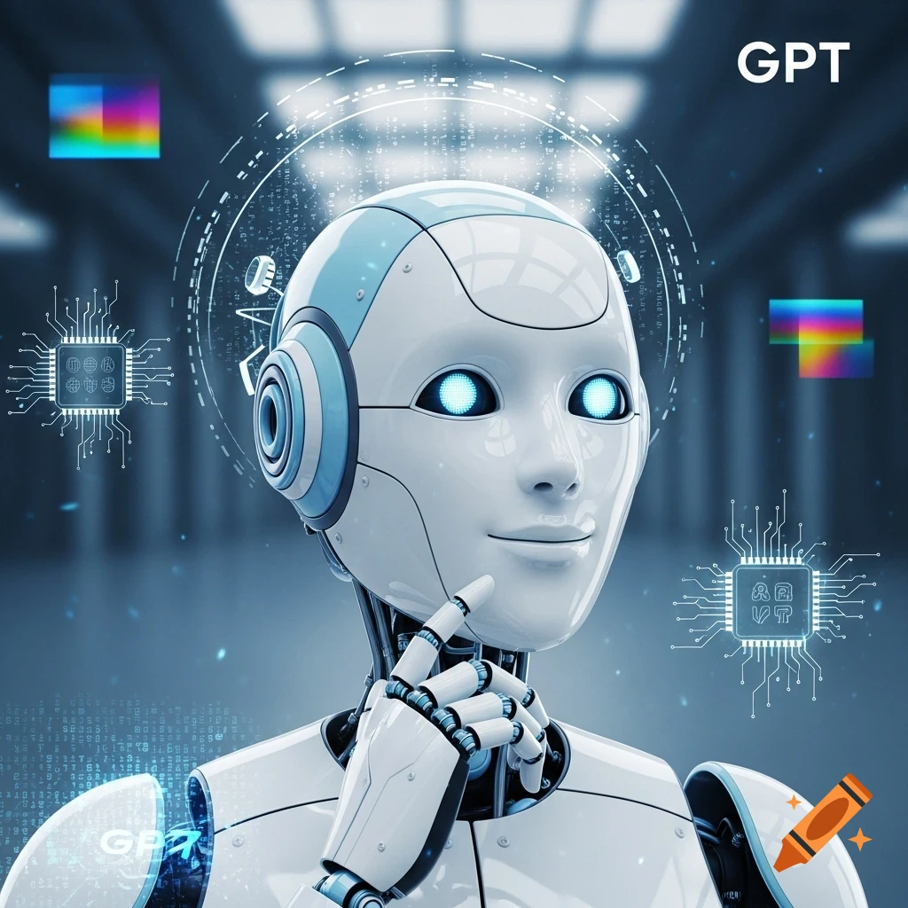 A photorealistic humanoid robot with glowing blue eyes in a thinking pose, surrounded by digital UI elements, with 'GPT' text in the upper right.