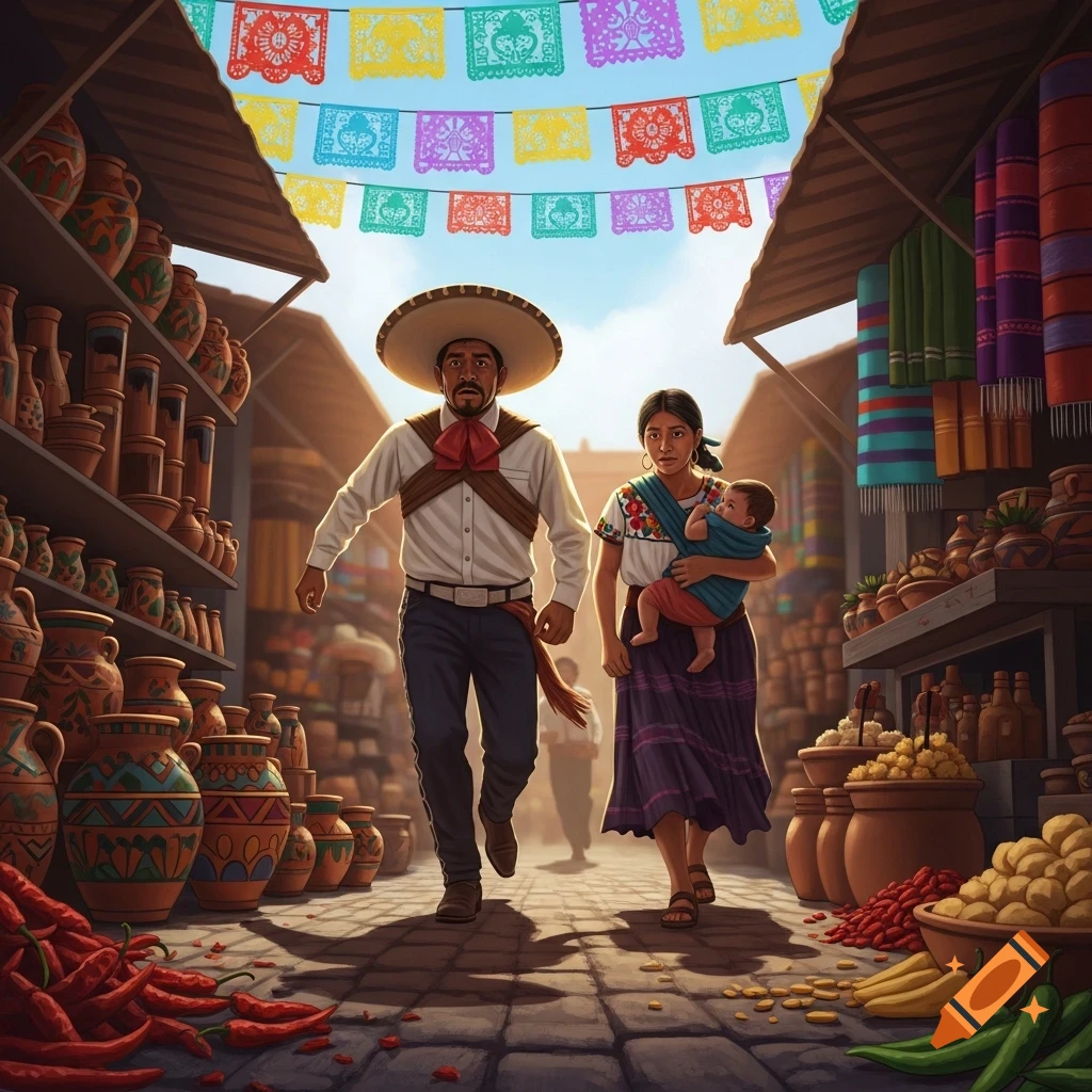 A Mexican man, woman carrying a baby, and market stalls with pottery and produce under colorful banners.