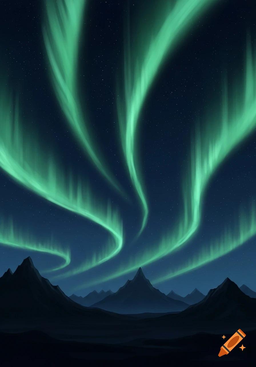 Green aurora borealis swirls across a dark blue night sky filled with stars, above silhouetted black mountains in a serene landscape.