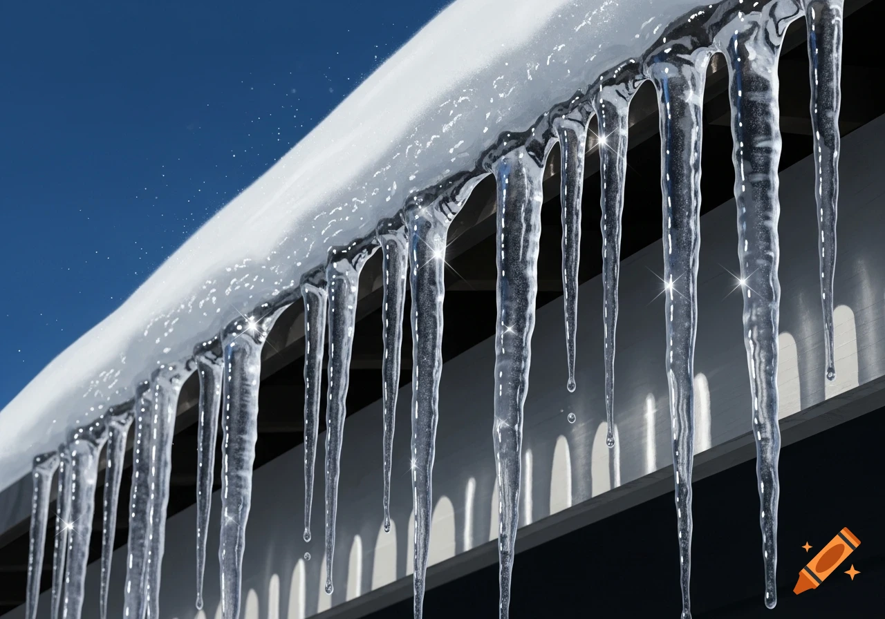 Close-up of sparkling icicles hanging from a snow-covered roof against a deep blue sky.