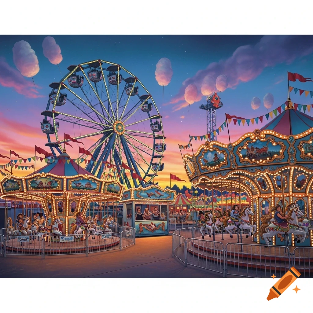 Vibrant airbrush illustration of a carnival at sunset, featuring a lit Ferris wheel, carousels, and cotton candy clouds.
