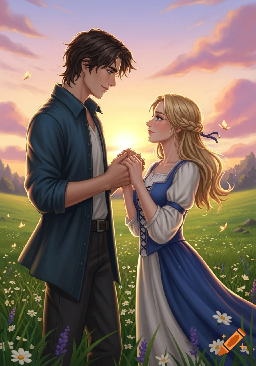 Digital illustration of a man and woman holding hands in a flowery meadow at sunset.