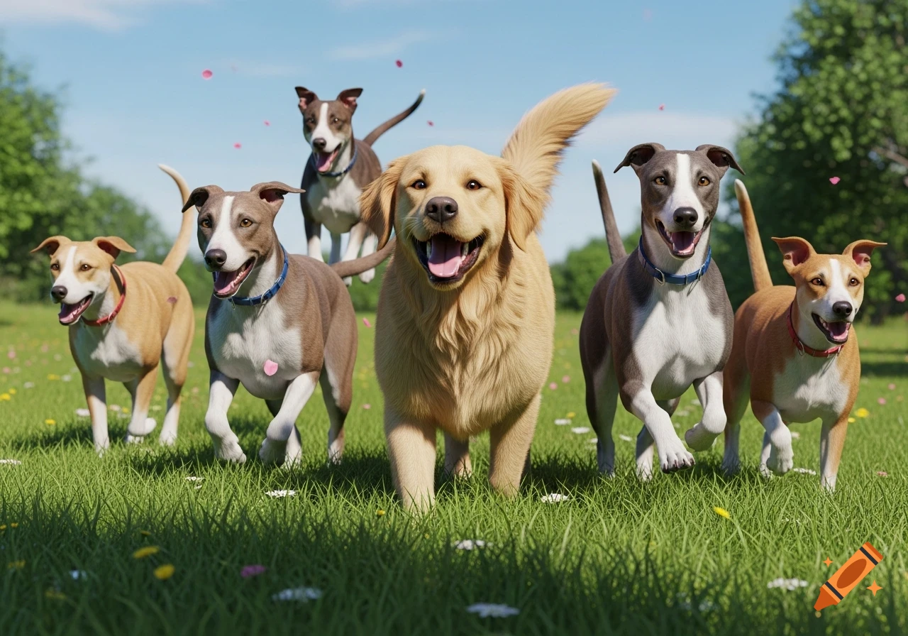 Multiple happy dogs running towards the camera in a sunny, grassy park ...
