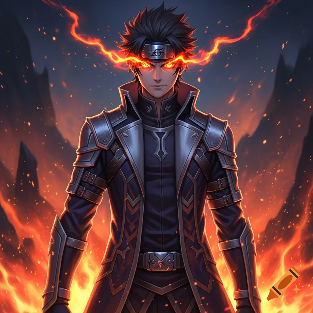 Anime male character with fiery orange eyes and energy, wearing dark armor, against a backdrop of fire and embers.