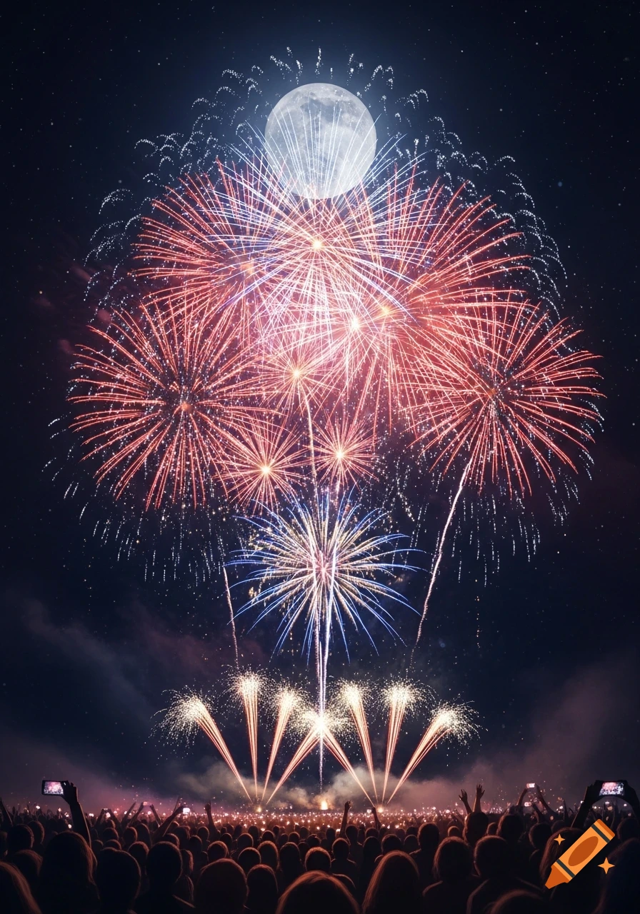 Vibrant red and blue fireworks explode over a large crowd of people under a full moon and starry night sky.