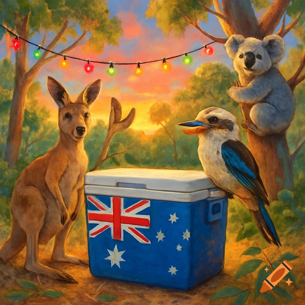 An illustrated kangaroo, kookaburra, and koala gathered around an Australian flag cooler under string lights at sunset.