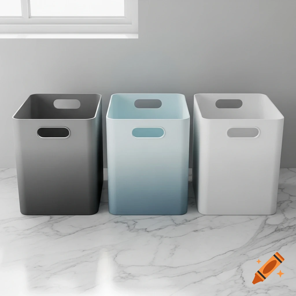 Three cube storage bins in gray, blue gradient, and white stand on a marble floor under a window.
