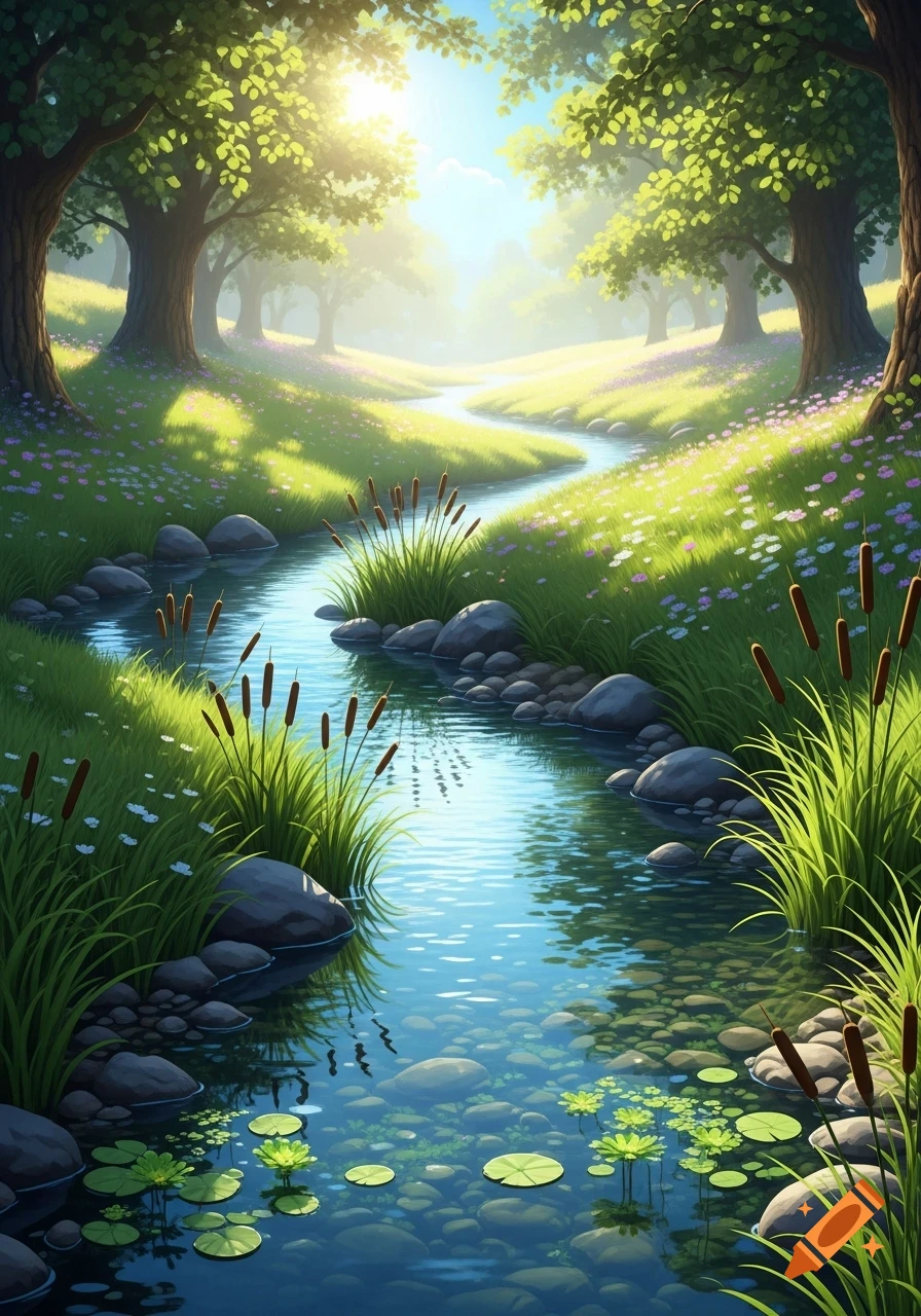 A vibrant, sunlit river winding through a lush green meadow with trees ...