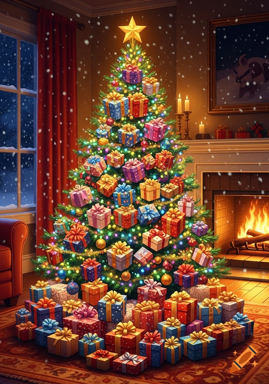 A brightly lit Christmas tree overflowing with colorful gifts in a cozy room with a roaring fireplace and snow falling outside a window.