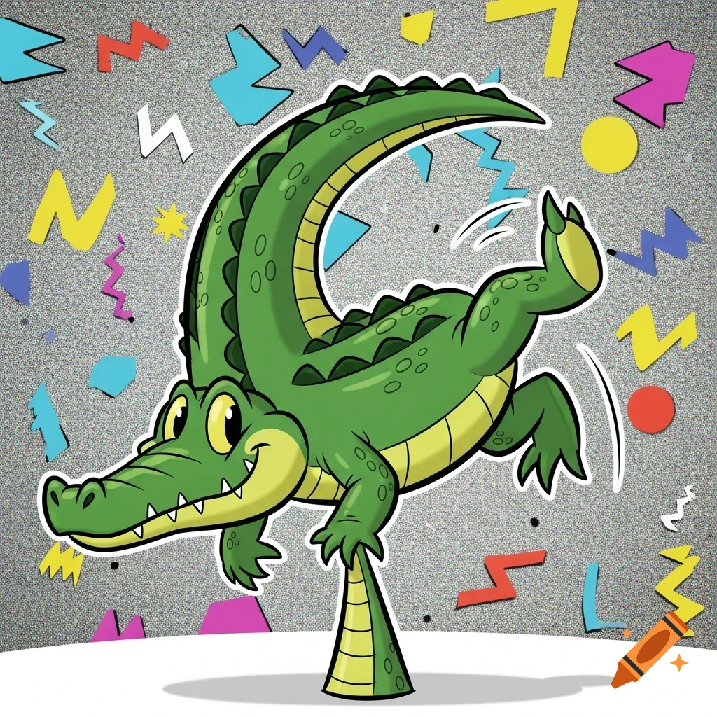 A happy green cartoon alligator balances on its tail with one leg lifted against a gray background with colorful geometric shapes.