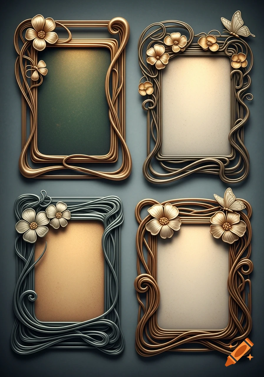 Four ornate Art Nouveau picture frames with floral and swirling designs in gold and silver tones.
