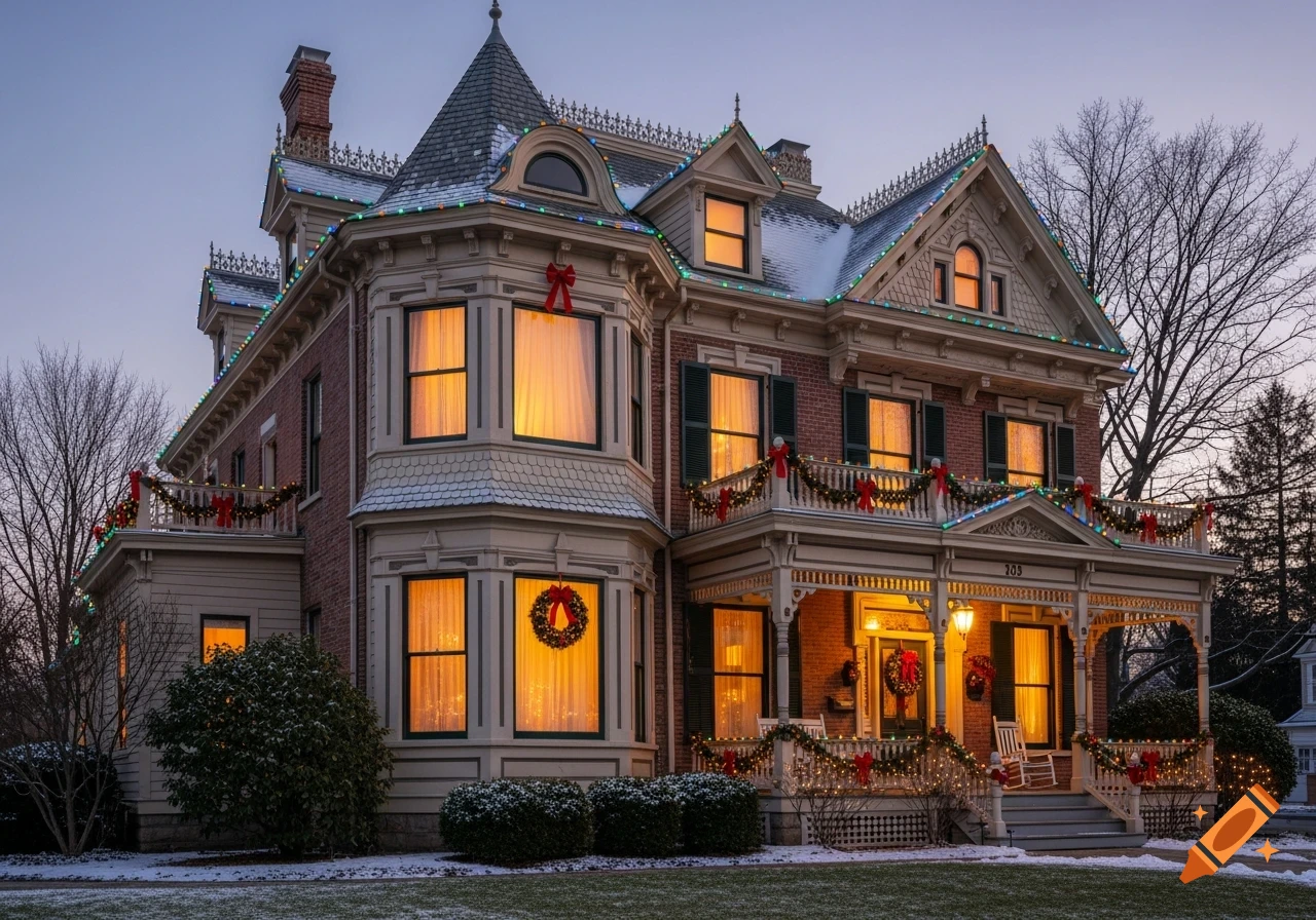 A majestic Victorian home beautifully lit with warm lights and adorned ...