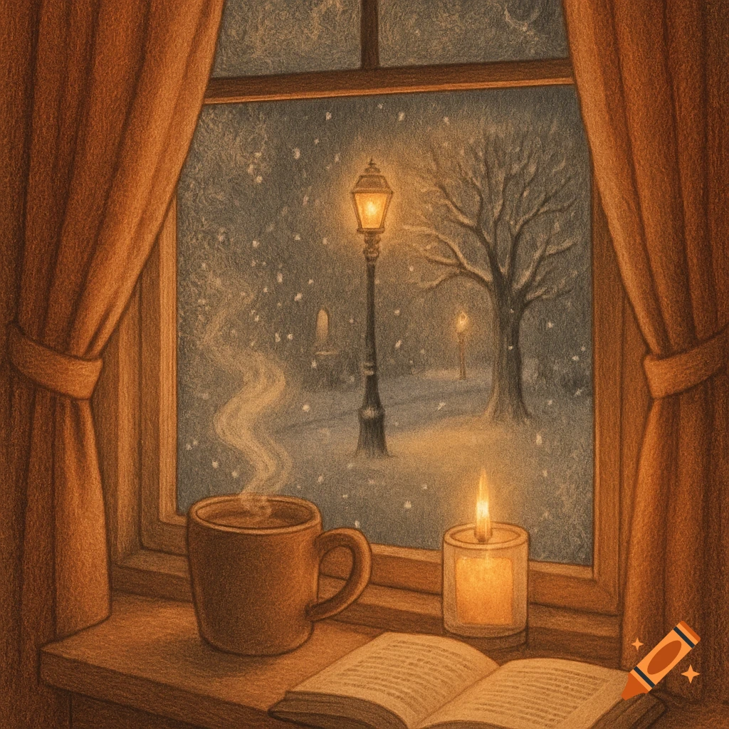 Cozy illustration of a snowy winter night outside a window, with a steaming mug, lit candle, and open book on the windowsill.