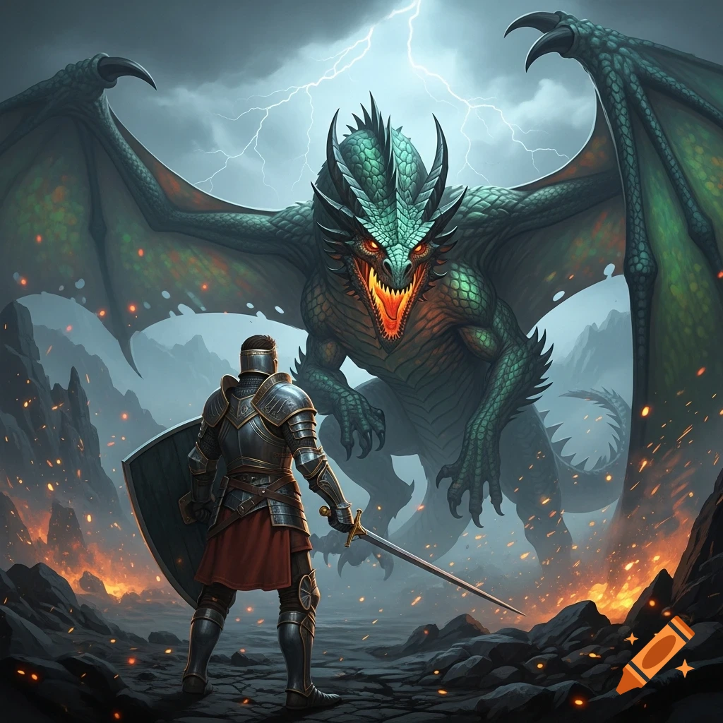A knight in full armor faces a roaring green dragon under a stormy sky with lightning and embers on the ground.