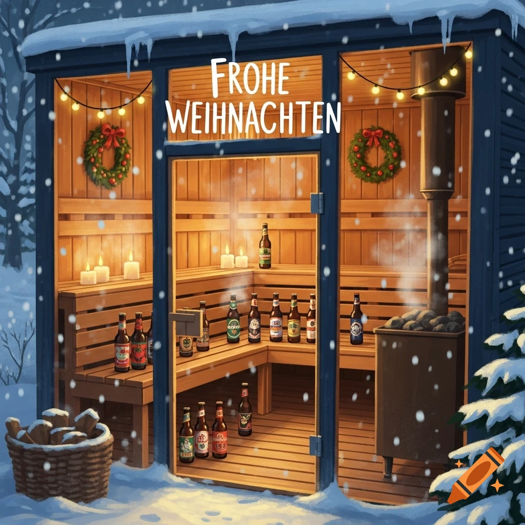 A snowy outdoor sauna cabin decorated for Christmas with wreaths, lights, and beer bottles on benches, reading 'FROHE WEIHNACHTEN'.