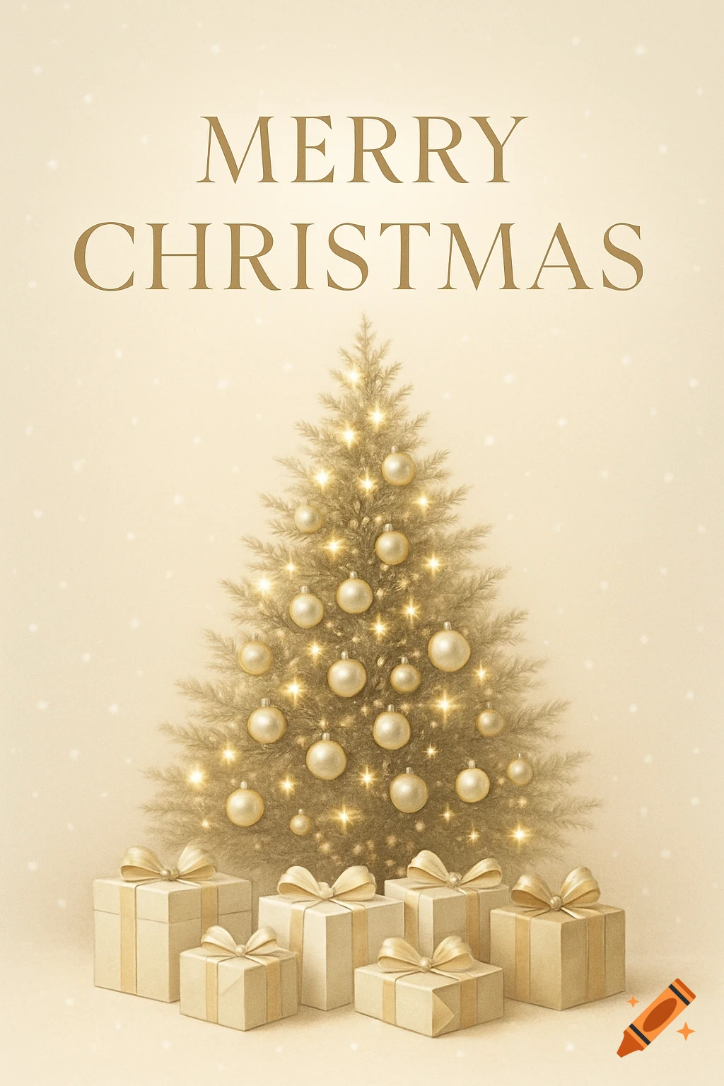 Elegant gold and ivory Merry Christmas greeting card with a tree, ornaments, sparkling lights, and wrapped gifts.
