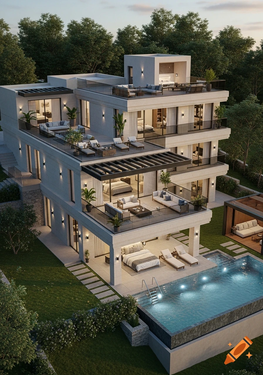 A luxurious multi-story modern house with several balconies, a rooftop terrace, and a large swimming pool next to a manicured lawn.