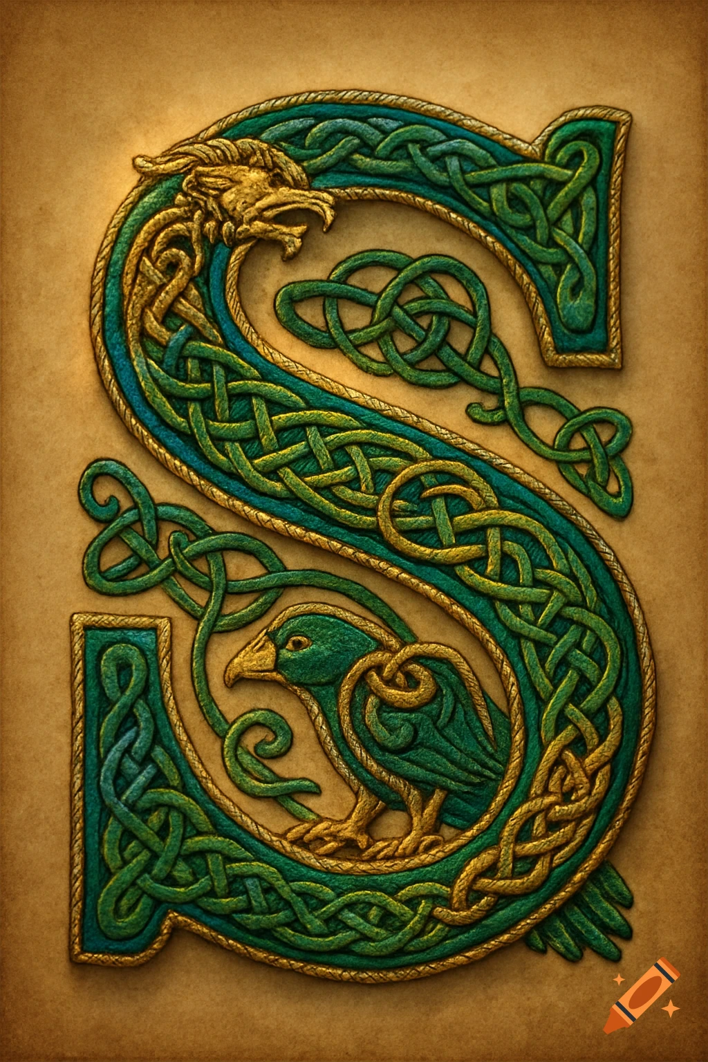 Intricate Celtic knotwork capital letter S in green and gold, featuring a dragon head and a bird.