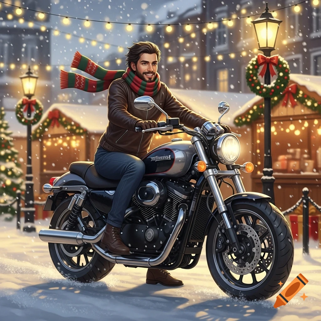 Smiling man in a brown leather jacket and striped scarf rides a motorcycle on a snowy street with Christmas lights.