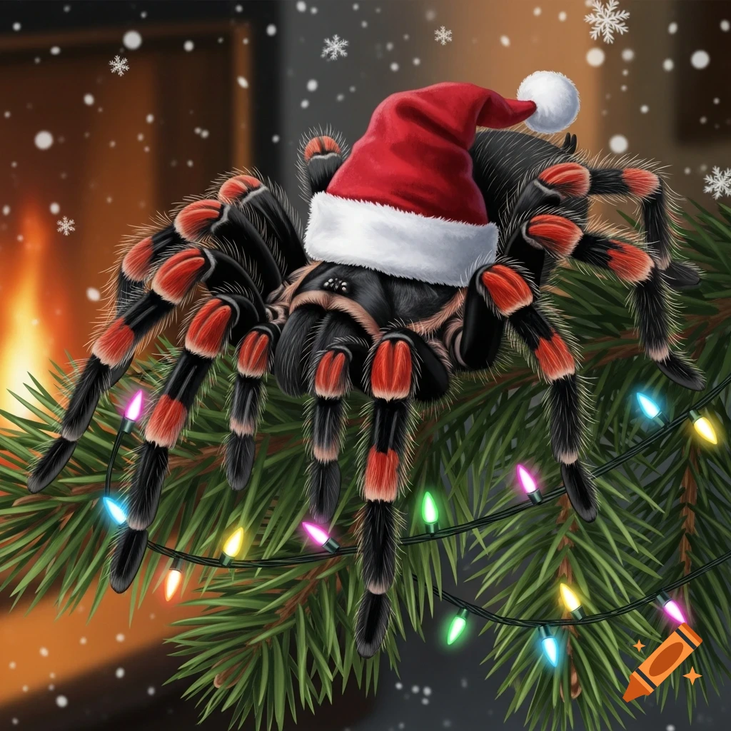 Black and red tarantula with a Santa hat on a Christmas tree branch with lights, snow, and a fireplace in the background. Digital art.