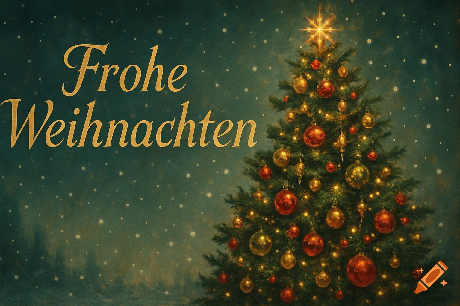 A festive illustration of a decorated Christmas tree with red and gold ornaments and a star topper, against a dark green background with "Frohe Weihnachten" text.