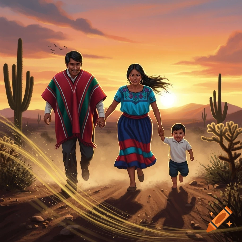 A Mexican family runs hand-in-hand through a desert at sunset, with saguaro cacti and mountains in the background, in an illustrated style.