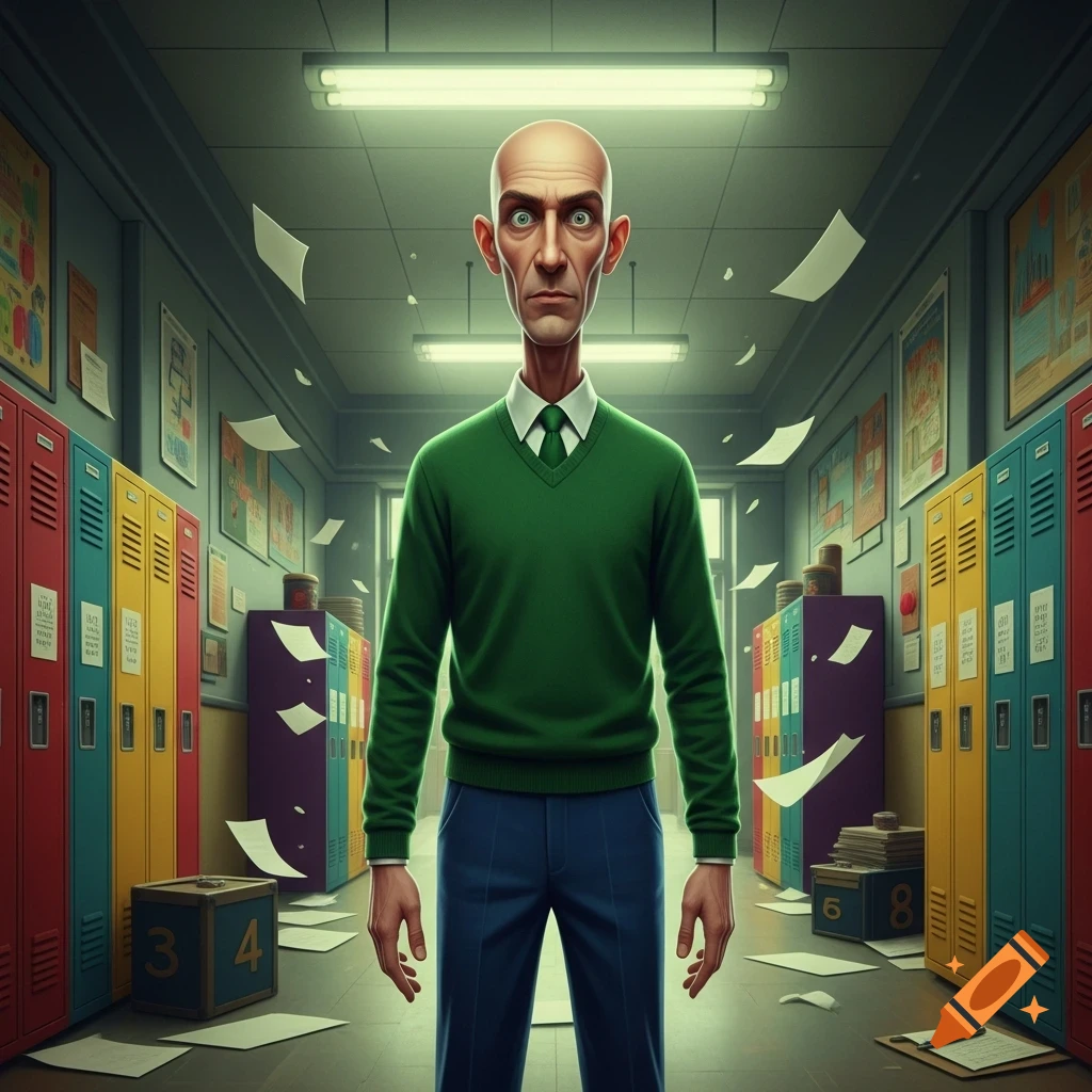 A bald man with wide, intense eyes and a long neck, wearing a green sweater and blue pants, stands in a stylized school hallway with papers flying and colorful lockers.