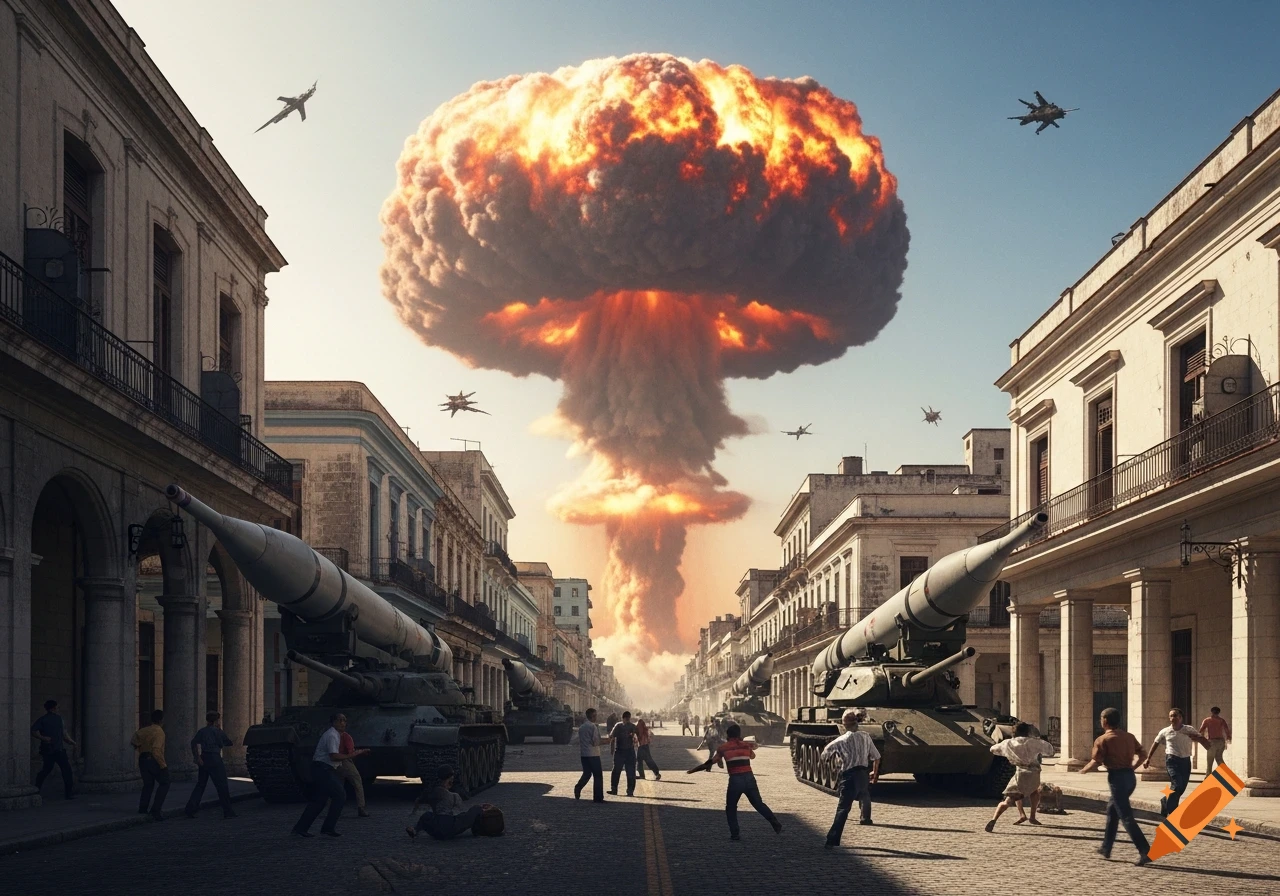 A massive nuclear mushroom cloud rises over a city street filled with running, terrified people and military tanks with missiles.