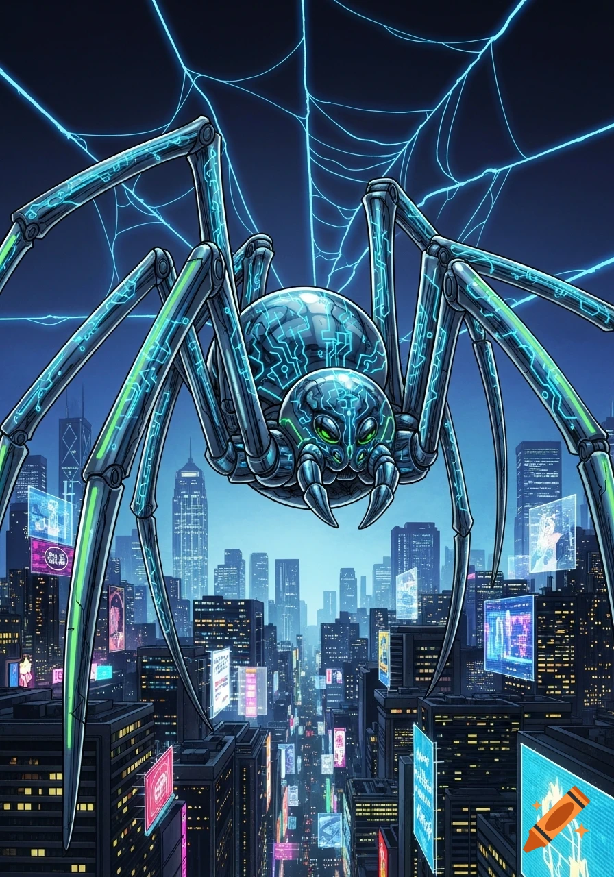 A large, glowing cybernetic spider with circuit patterns hovers over a futuristic city at night, in a comic book style.