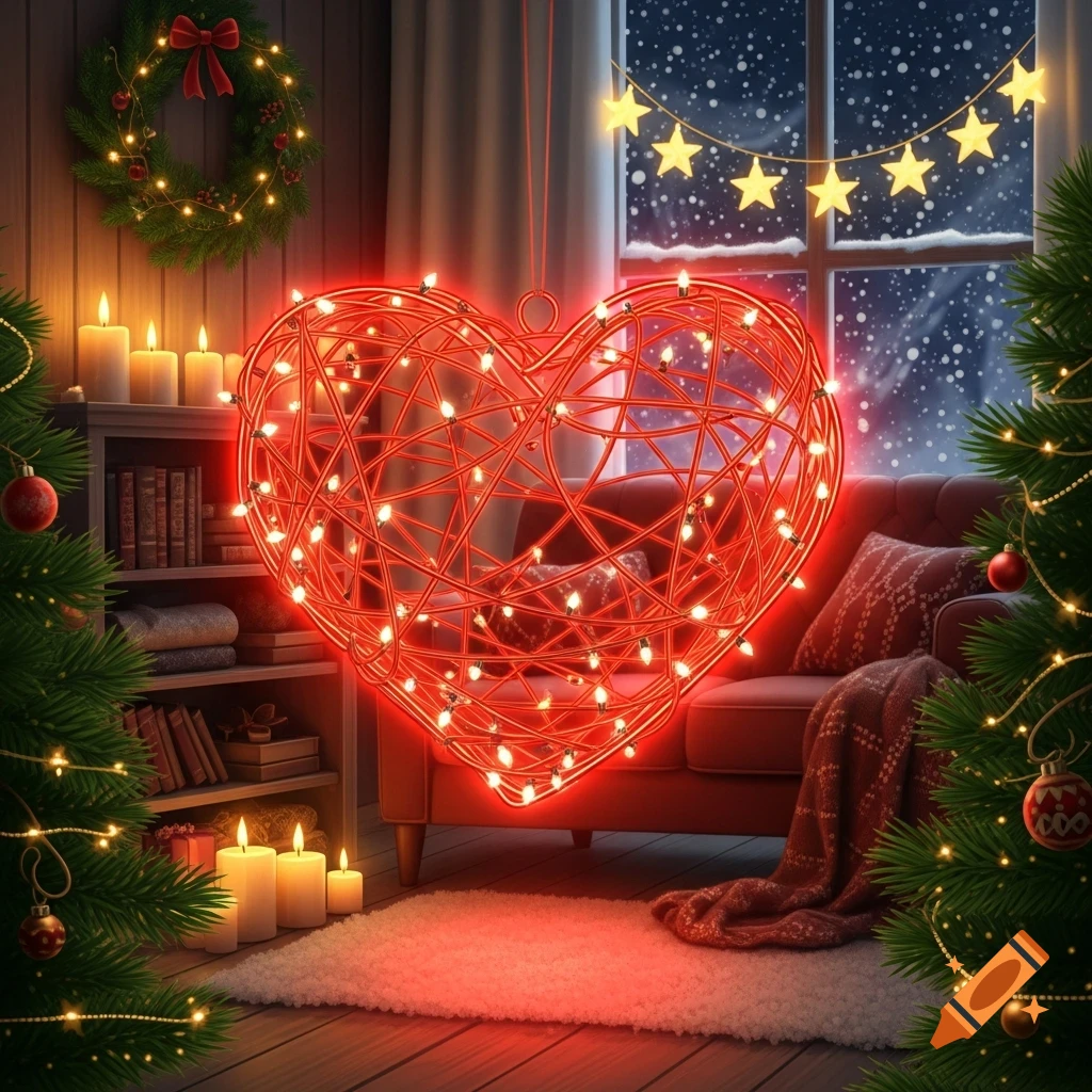 Cozy Christmas living room with a large glowing red heart light, decorated trees, wreath, candles, and a snowy window.