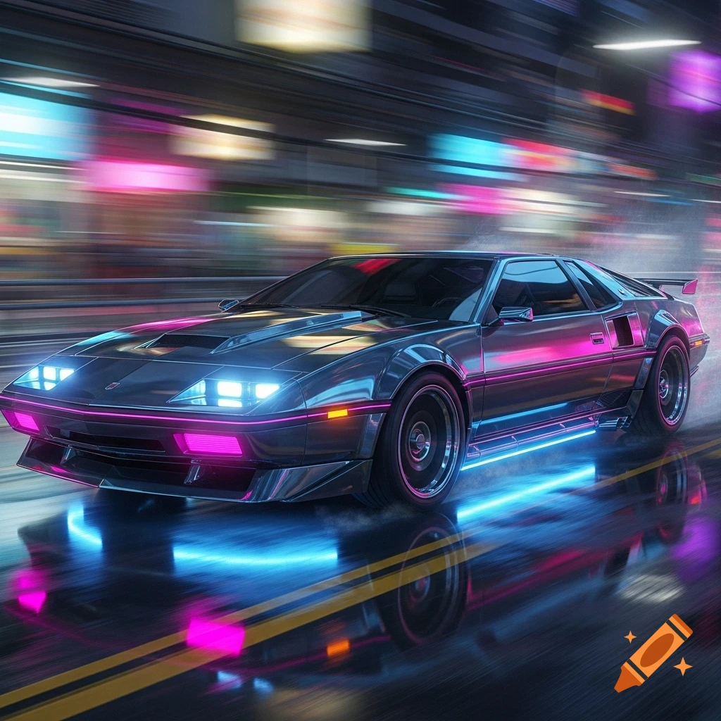 A metallic futuristic car with bright neon pink and blue lights speeding down a wet road, reflecting the city lights.