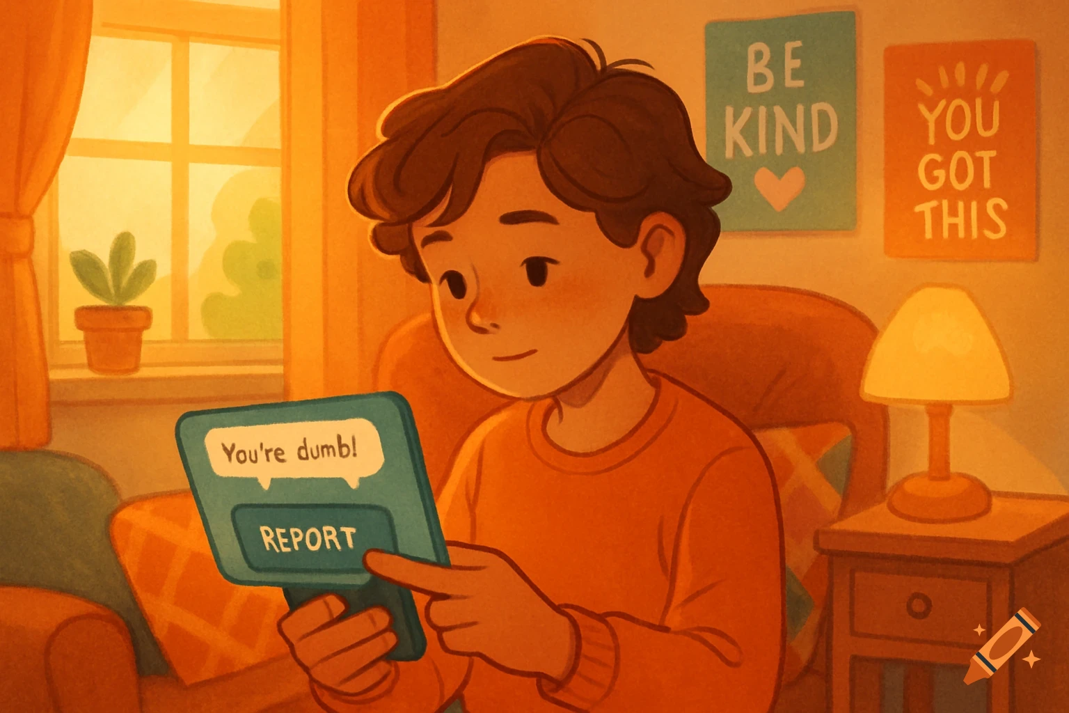Cartoon illustration of a boy in a cozy bedroom, tapping a tablet to report a mean comment that says 'You're dumb!'. Posters say 'BE KIND'.