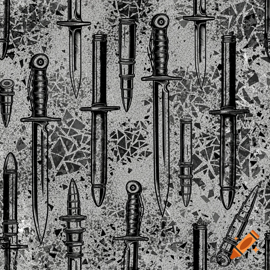 A seamless grayscale pattern of engraved black silhouettes of bayonets, knives, and shell casings against an asphalt-textured, shattered gray background.