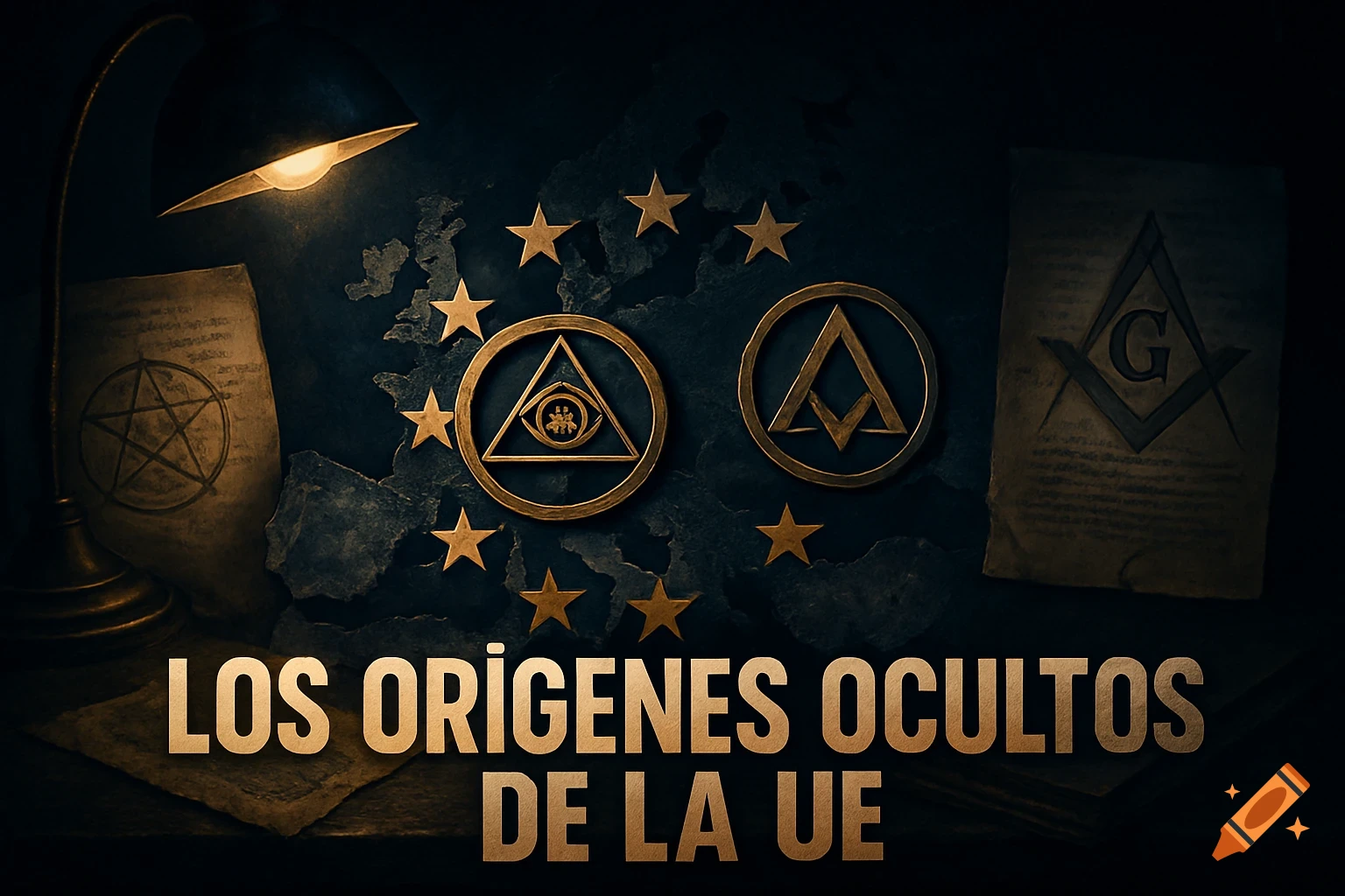 A desk lamp illuminates a dark, mysterious scene with esoteric symbols, an antique pentagram document, a map of Europe, and the text "LOS ORÍGENES OCULTOS DE LA UE".