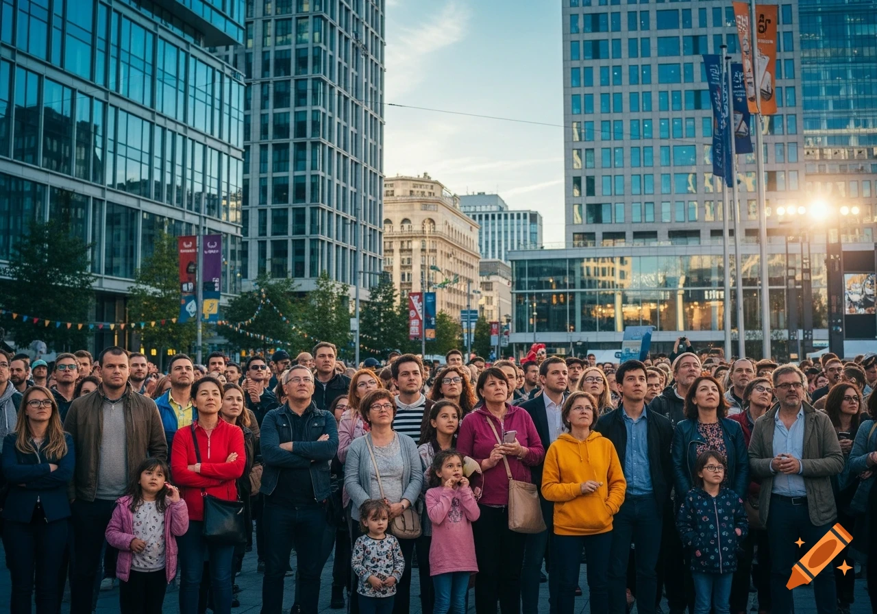 A large crowd of people, including adults and children, stand together in a city street, looking intently ahead with modern glass skyscrapers in the background.