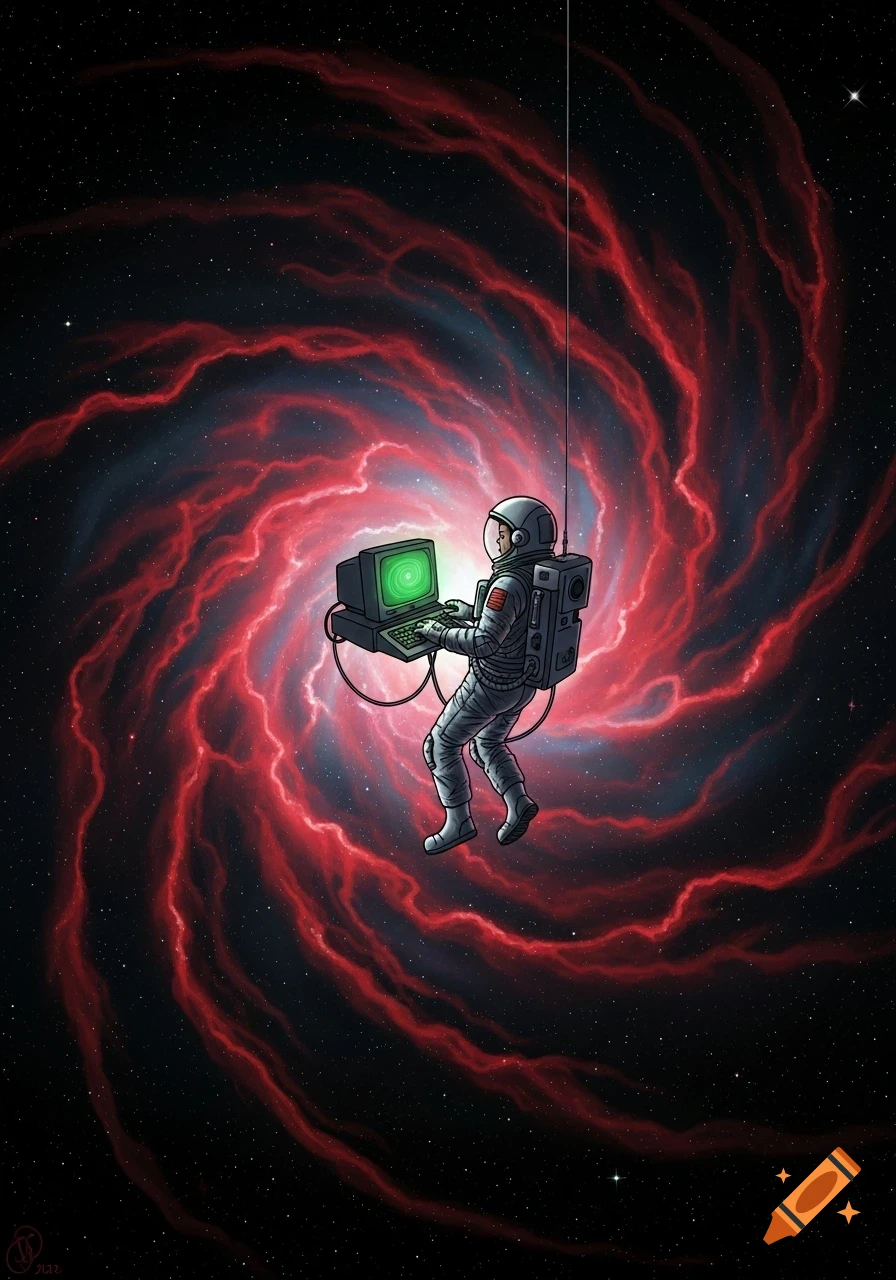 An astronaut in a spacesuit floats in deep space, tethered by a rope ...