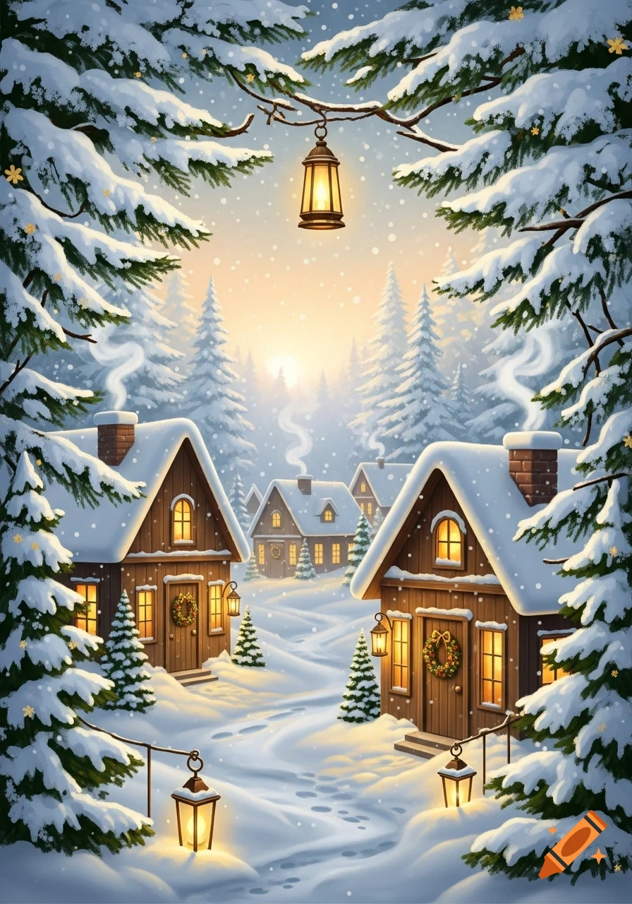 An illustrated snowy winter scene with cozy cabins, pine trees, glowing lanterns, and falling snow under a golden sky.
