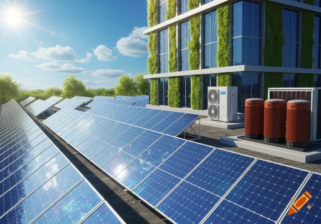Photorealistic image of a green building with rooftop solar panels, HVAC, and storage units under a sunny blue sky.
