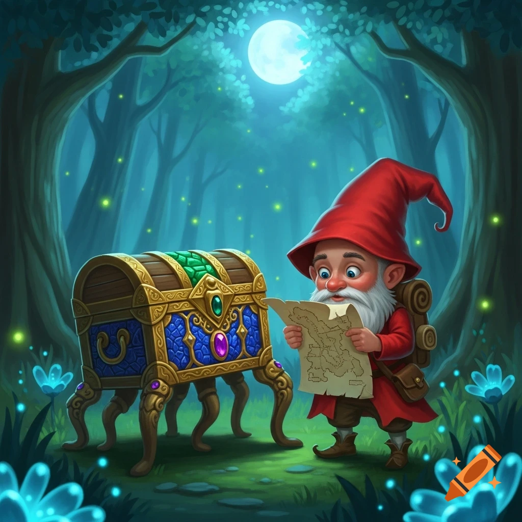 A cartoon gnome in a red hat reads a map next to an ornate treasure chest with many legs in a magical forest at night.