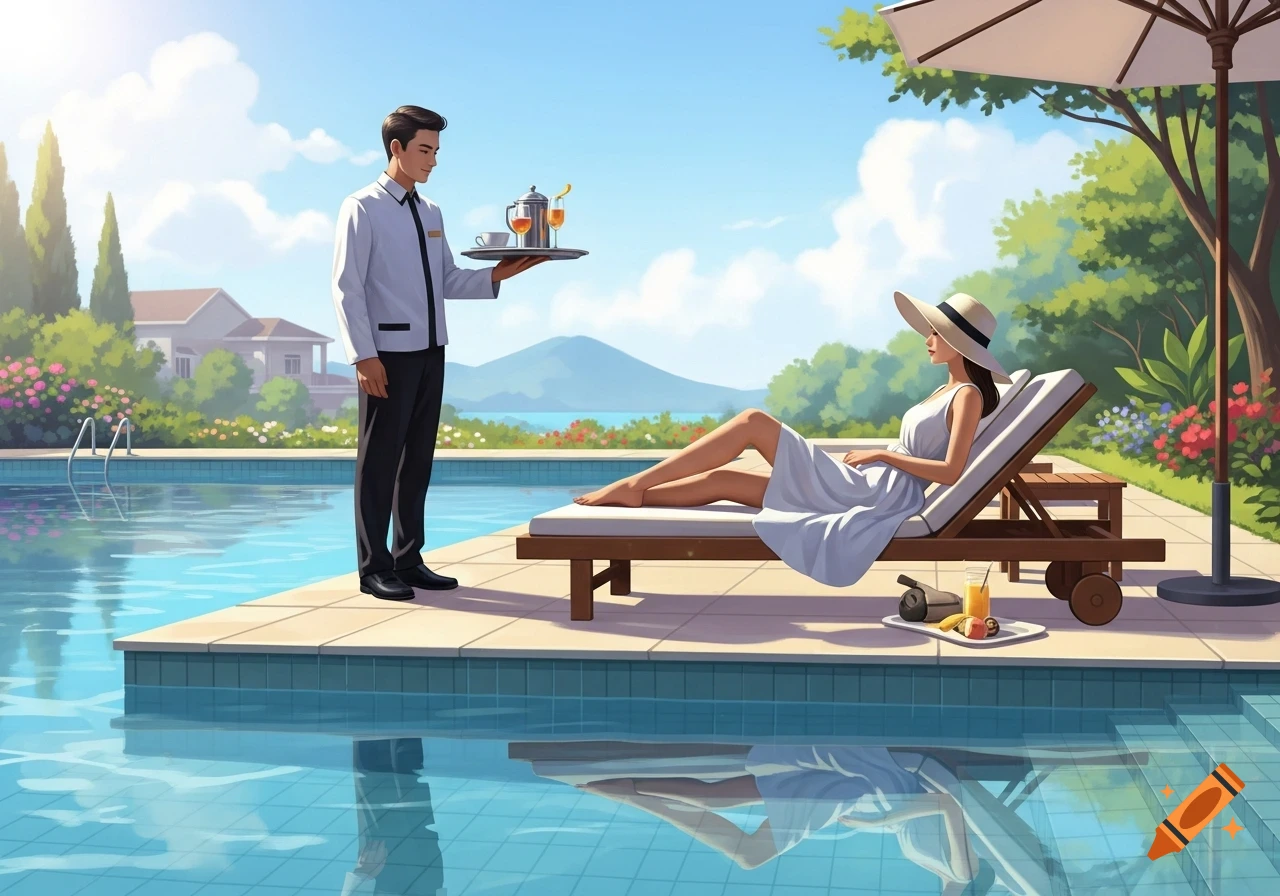 An illustration shows a woman in a white dress and sun hat relaxing on a lounge chair by a swimming pool as a butler serves her drinks on a tray.