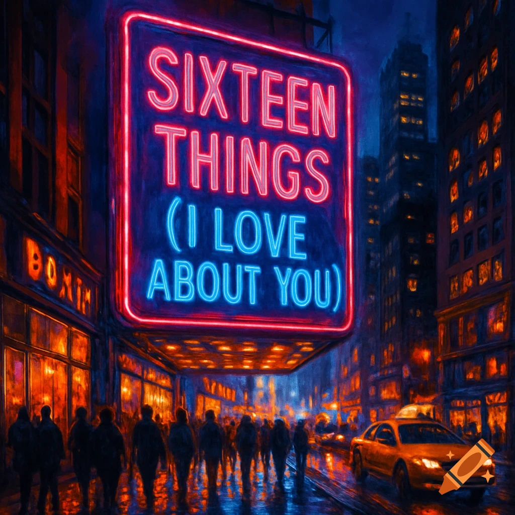 A vibrant, stylized night cityscape with a large neon sign reading 'SIXTEEN THINGS (I LOVE ABOUT YOU)' above a busy street with people and a taxi.