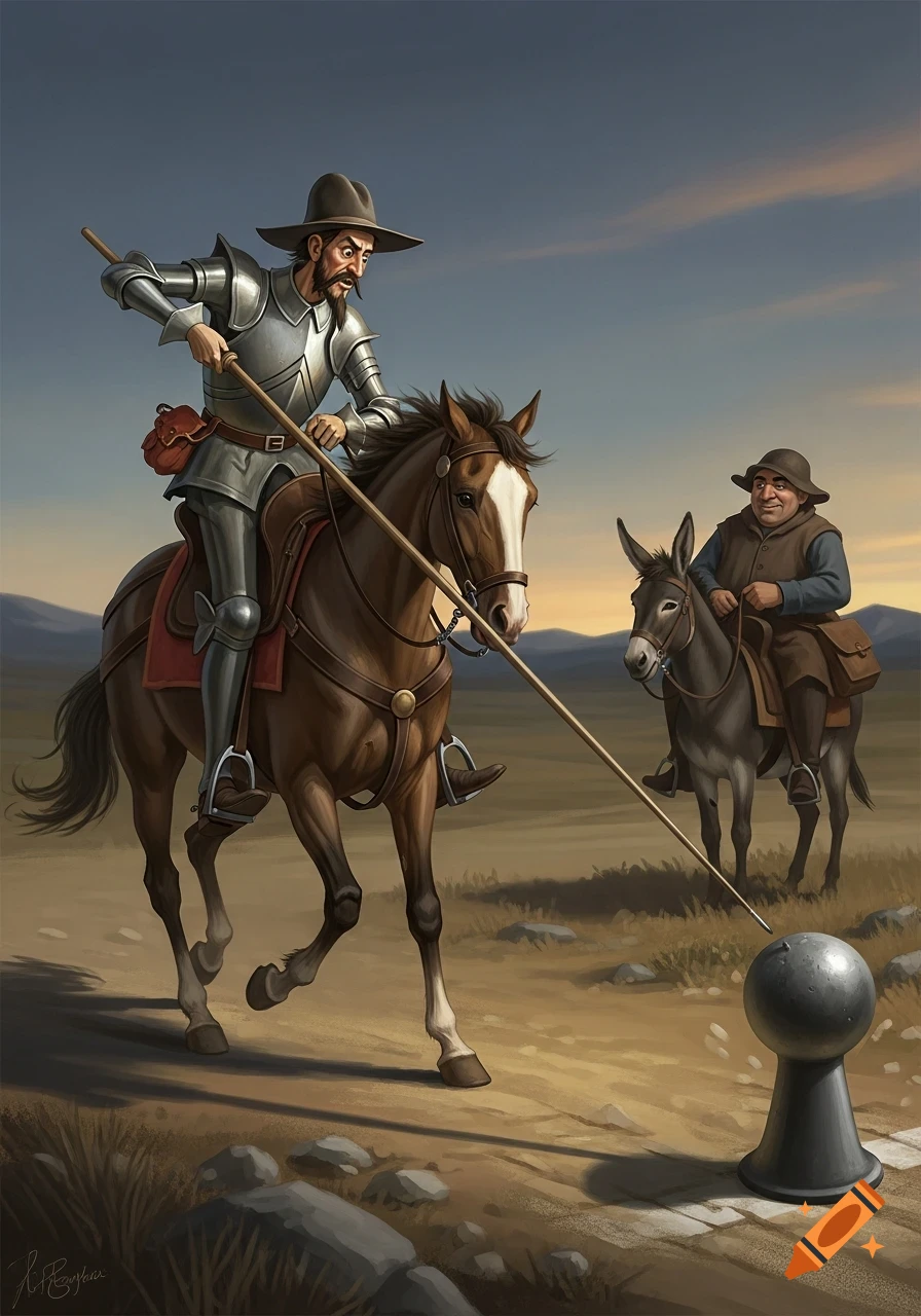 Don Quixote, a thin knight in armor, charges a road bollard with a lance on horseback, while Sancho Panza watches from a donkey. Illustrated.