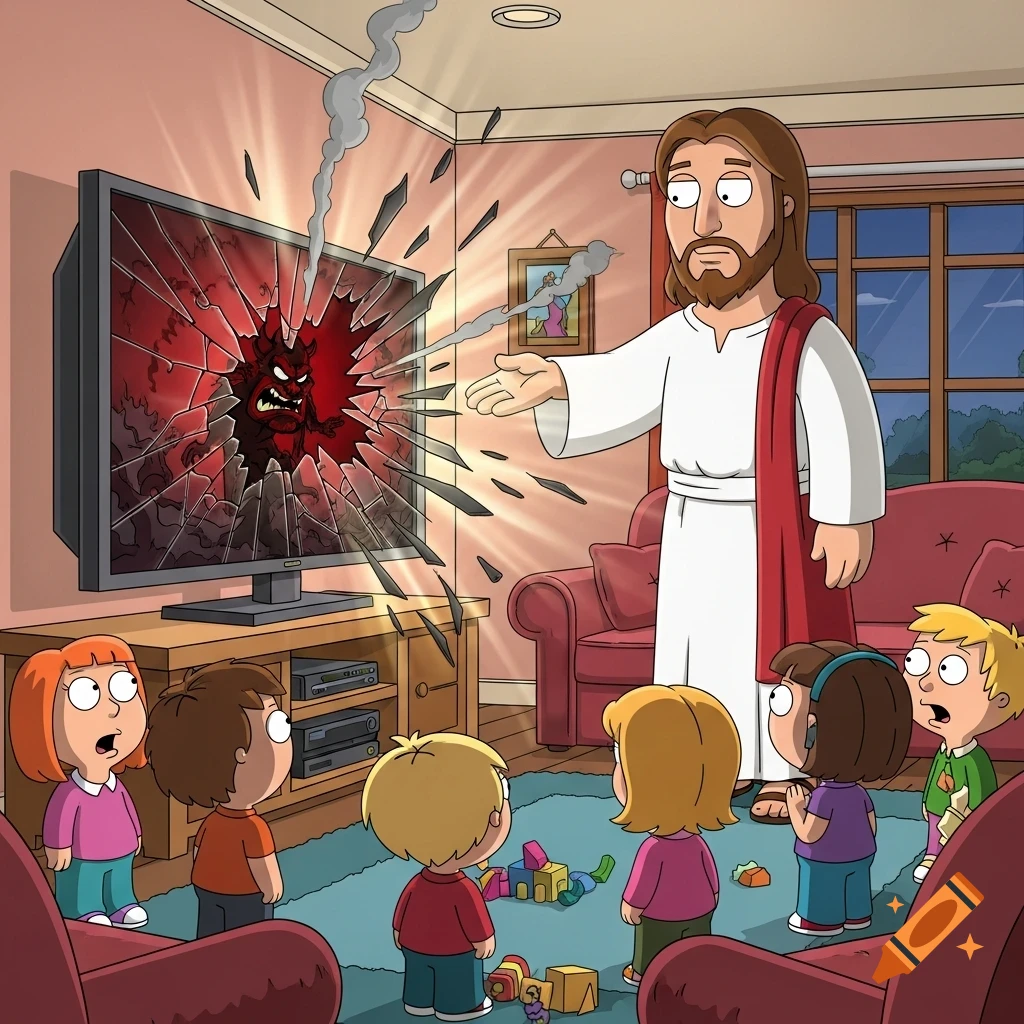 A Family Guy style cartoon of Jesus destroying a TV showing a demonic cartoon while shocked kids watch in a living room.