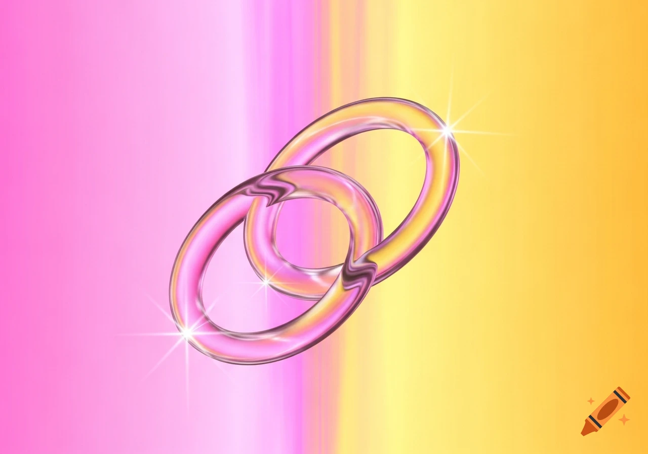 Two glossy, iridescent pink and yellow rings interlinked against a vertical pink and yellow gradient background with star-like reflections.
