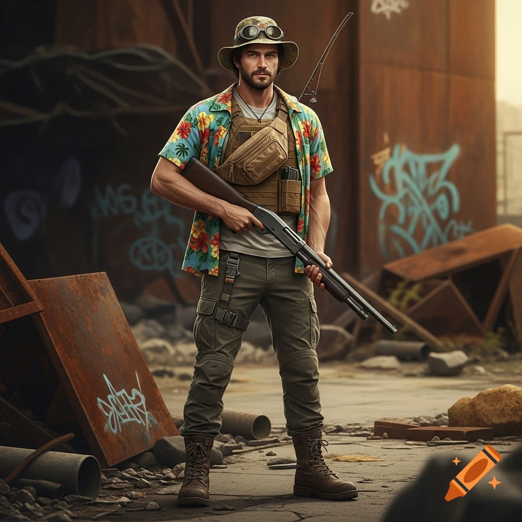 A male survivor in a post-apocalyptic setting, wearing a Hawaiian shirt, tactical vest, cargo pants, combat boots, and a hat with goggles, holding a shotgun.