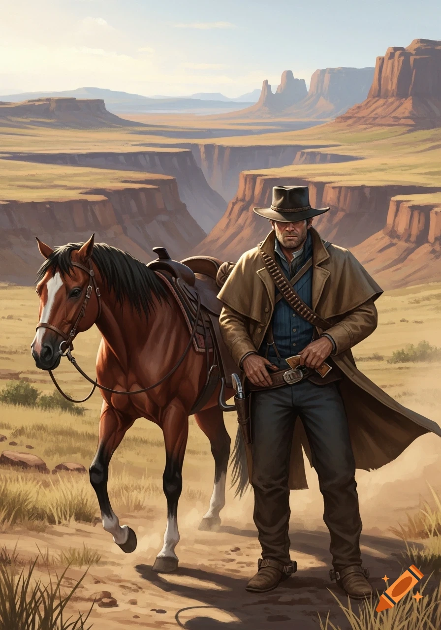 A cowboy in a duster coat stands beside his saddled horse in a vast desert canyon landscape, digital painting.