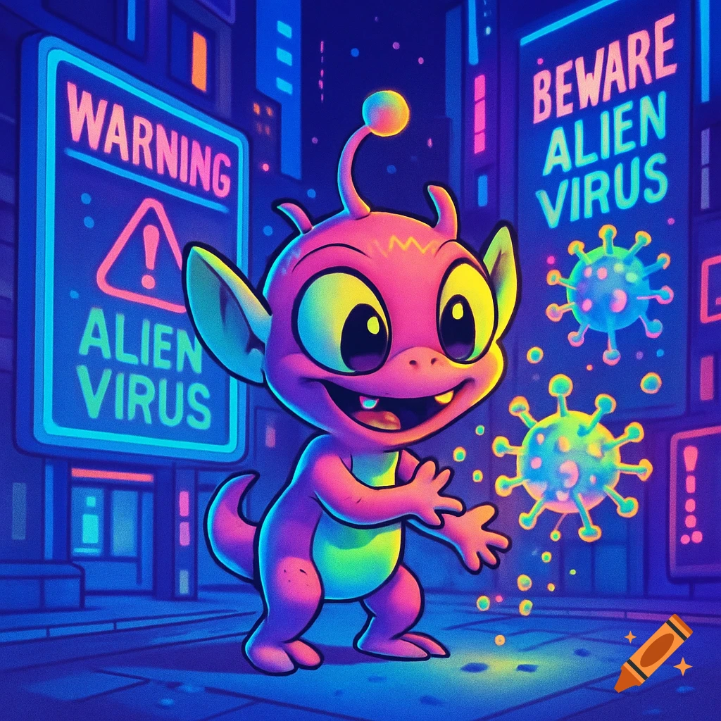A cute pink alien in a neon city, surrounded by floating virus particles, with neon signs warning of an alien virus.