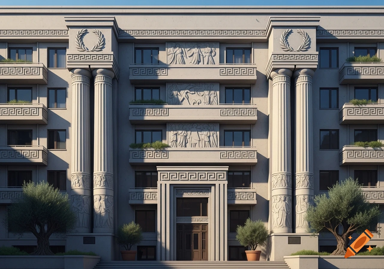 A photorealistic apartment building with Greek architectural elements, featuring large columns, relief sculptures, and meander patterns.