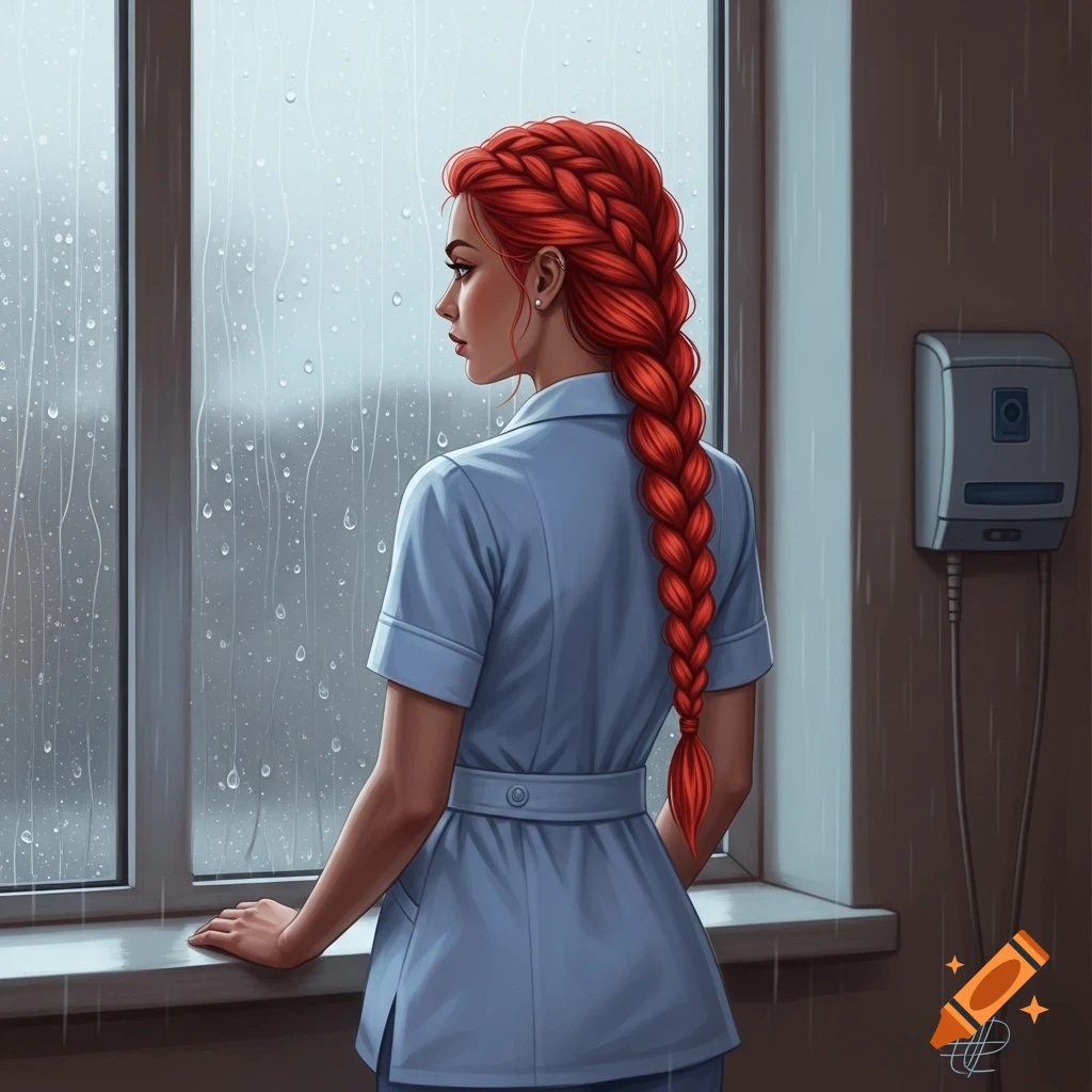 A woman with long red braided hair, wearing a light blue nurse uniform, looks out a rainy window.