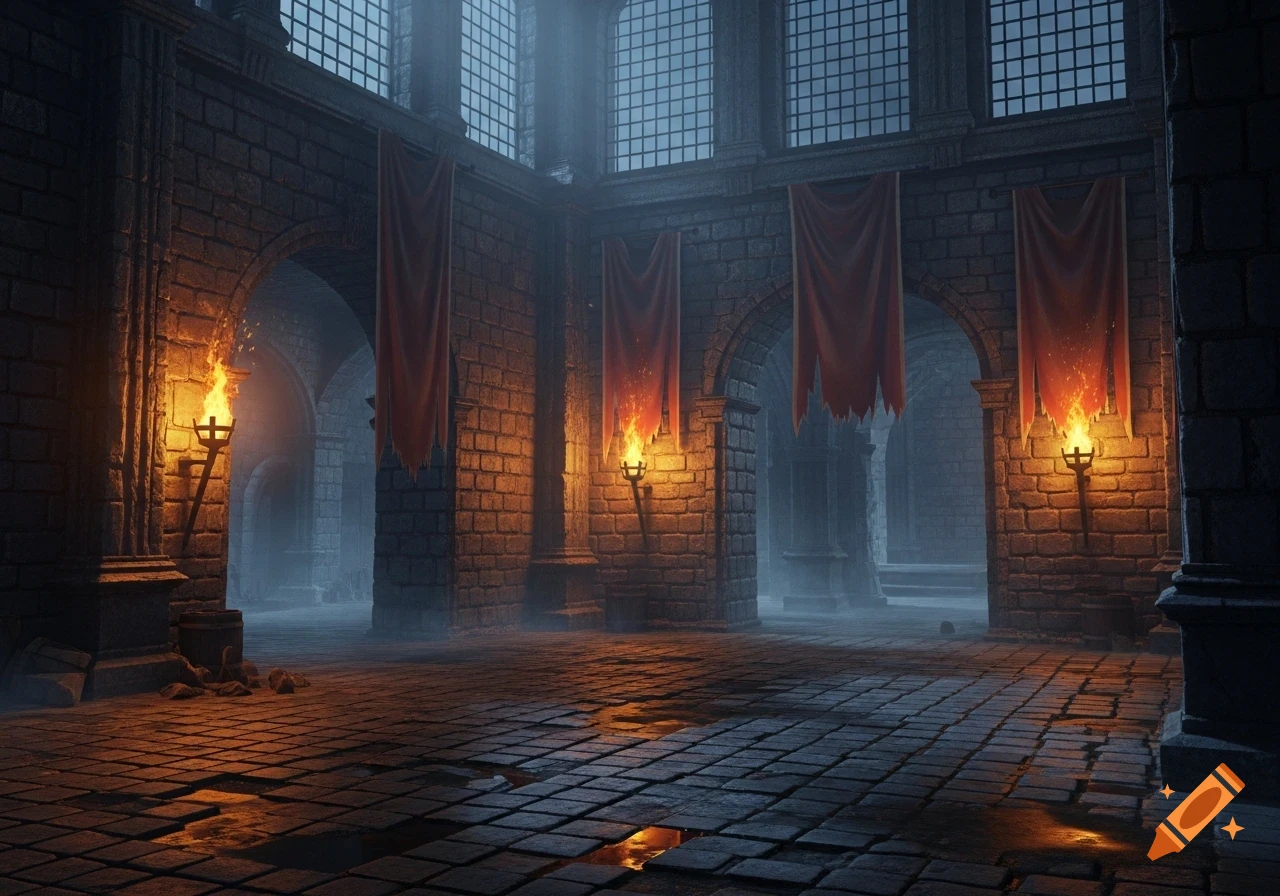 A dimly lit, misty stone dungeon interior featuring archways, tall windows, red banners, and glowing torches on a wet cobblestone floor.
